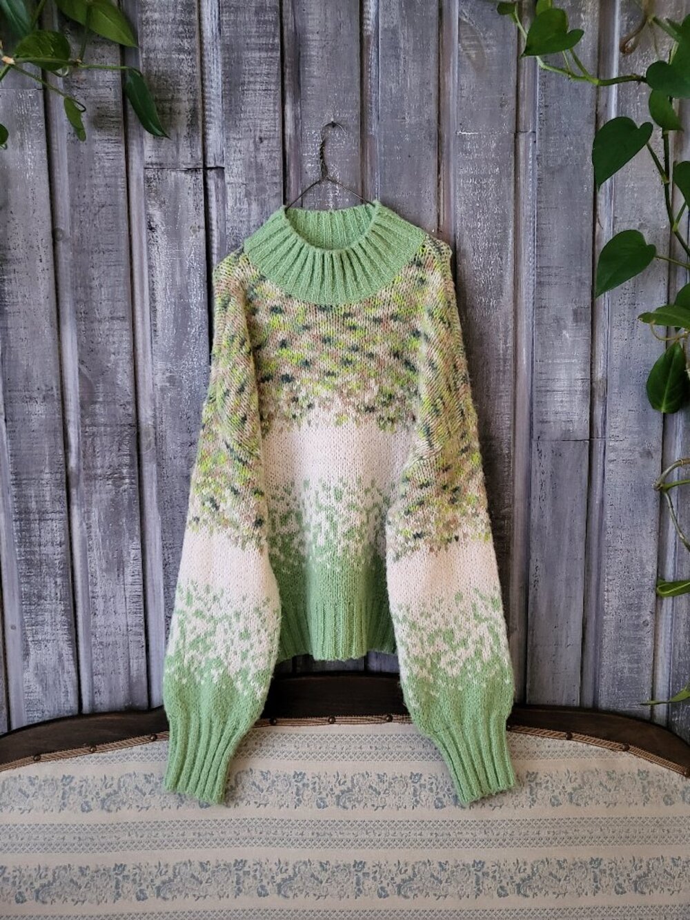 Aerie Green Marled Fair Isle Mock Neck Knit Sweater Pullover Large Relaxed Fit